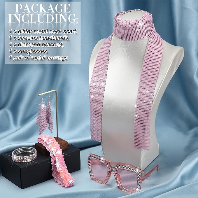 Sasylvia 5 Pcs 70s Disco Accessories Halloween Women Costume Jewelry Sequin Scarf Earrings Sunglasses Bracelet Headband