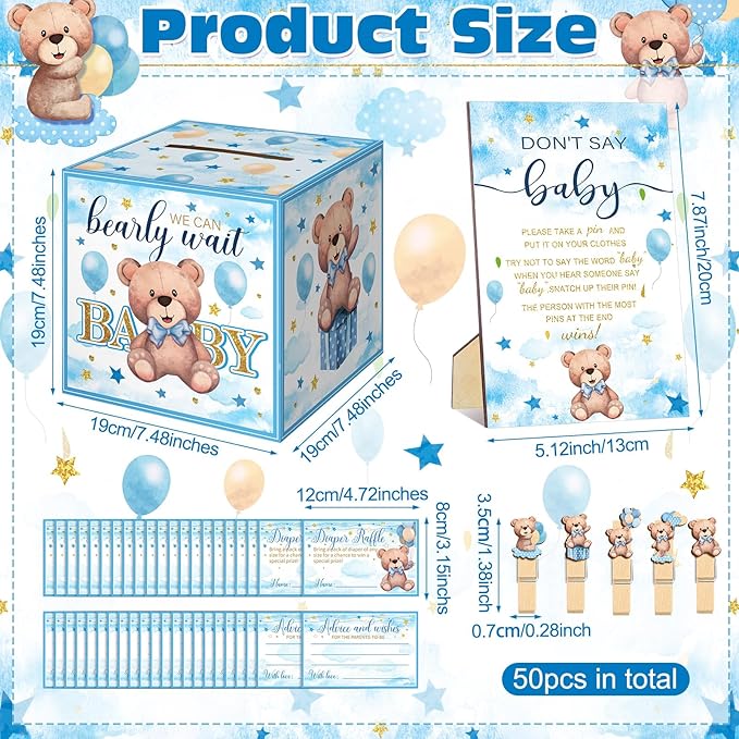 102 Pcs Bear Pins for Baby Shower Game Theme Supplies Diaper Raffle Tickets with Diaper Raffle Card Box Don't Say Baby Sign Mini Clothespin Shower Game Decor for Gender Reveal(Blue Bear)