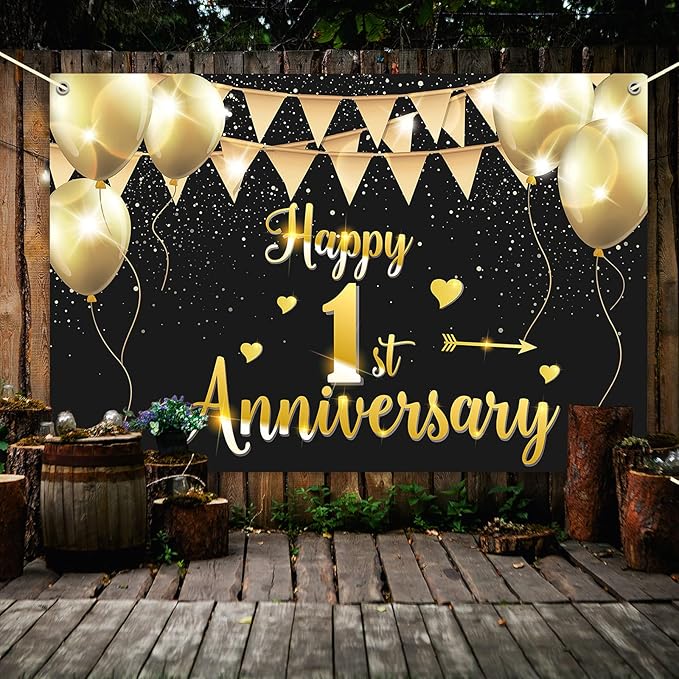 HAMIGAR 6x4ft Happy 1st Anniversary Banner Backdrop - 1 Wedding Anniversary Decorations Party Supplies - Black Gold