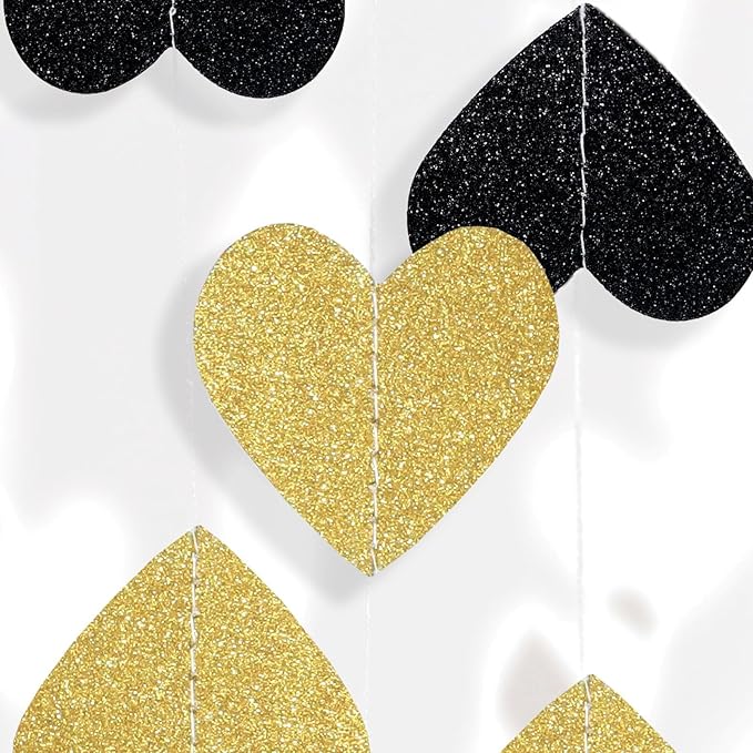 Black Gold Graduation Retirement Party Decorations: Metallic Glitter Heart Banner Garland Streamers Backdrop Confetti for Congratulations Birthday Wedding Anniversary New Year Décor - 52 Ft