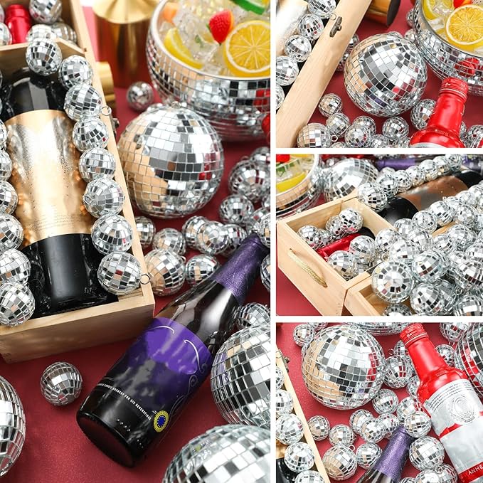 Funtery 100 Pcs Mirror Disco Balls Bulk Assorted Silver Hanging Disco Ball Decor for Home Wedding Birthday Dance Music 70 S Theme Party Christmas Tree Ornaments(1.2'', 2'', 3.2'', 4'')