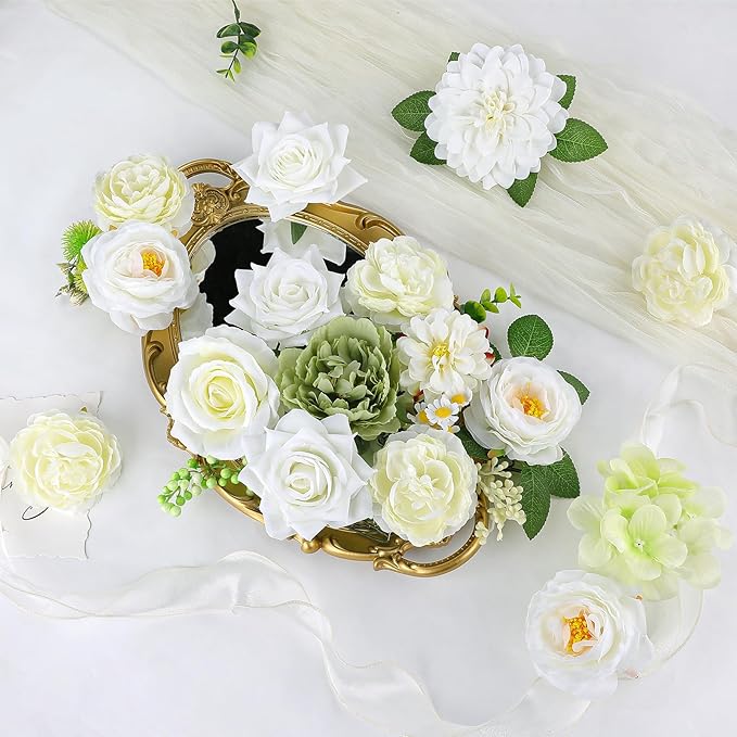 AmyHomie Green White Artificial Flowers Combo Silk Mix Peony Rose Fake Flowers w/Stem for DIY Wedding Bouquets Centerpieces Arrangements Table Fall Decor Party Bridal Baby Shower Home Decorations