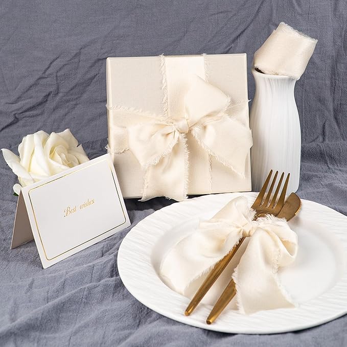 Satin Silk Ribbon, Ivory White Ribbon for Wrapping, 1-1/2 inch x 15 Yd Handmade Frayed Fringe Ribbon, for Wedding Engagement Birthday Showers Craft Flower Bouquet Invitation Decor, 3 Rolls