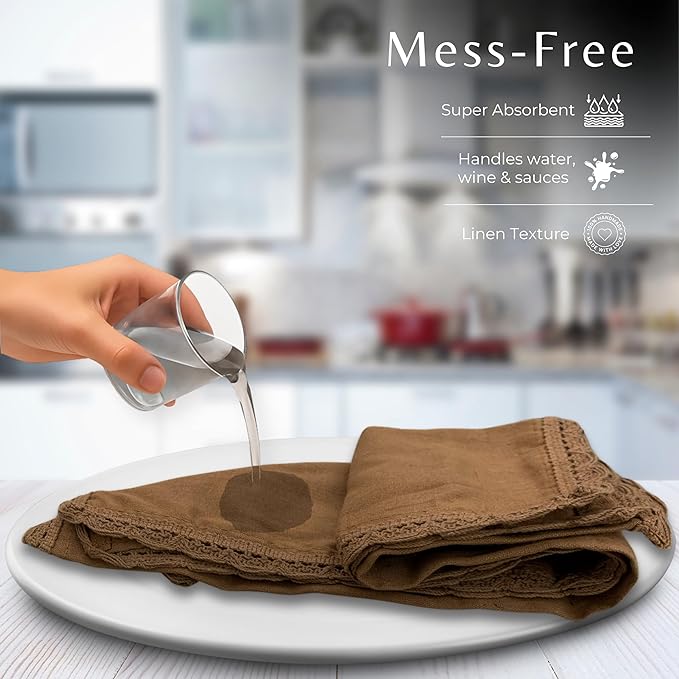 Ramanta Home Linen Flax Cloth Napkins Set of 4 |18x18 Inch | Premium Cotton Linen Flax Lace Soft & Durable | Washable Ideal for Everyday Use Parties Thanksgiving Christmas Halloween Brown