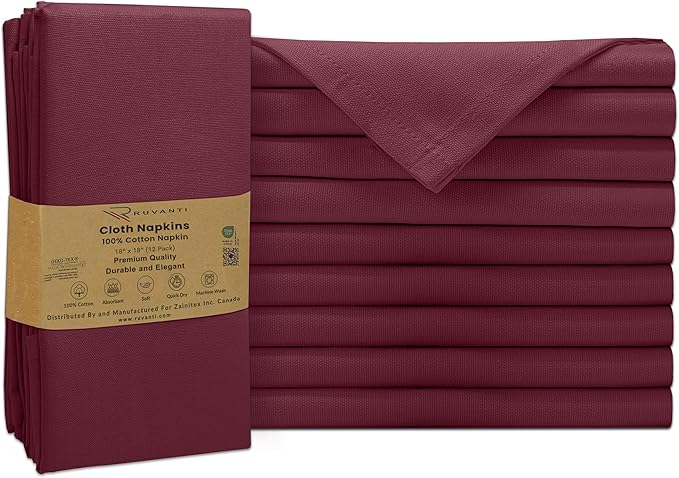 Ruvanti Premium Cloth Napkins Set of 12, 18x18 Inches, 100% Cotton, Washable, Soft & Absorbent, Perfect for Wedding, Christmas, Thanksgiving Dinners - Burgundy