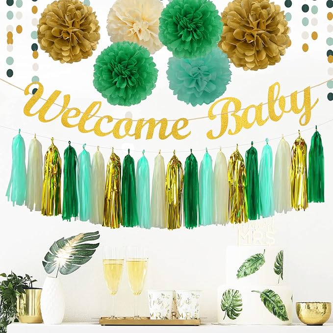Sage-Green Beige-Gold Baby Shower Party-Decorations - 31pcs Kits Gender Neutral Boy Girl Welcome Baby Banner Flags,Tissue Paper Pom Poms,Tassel Streamers Garland Birthday Decor Panduola