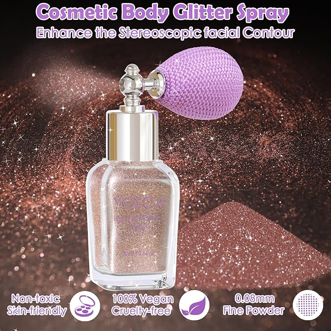 Yosca Body Glitter Spray, 30ML Loose Body Shimmer Powder Hair Spray Rose Pink Glitter Sparkle Highlighter Makeup Christmas Festival Rave Accessories for Clothes Hair Face Nail Art