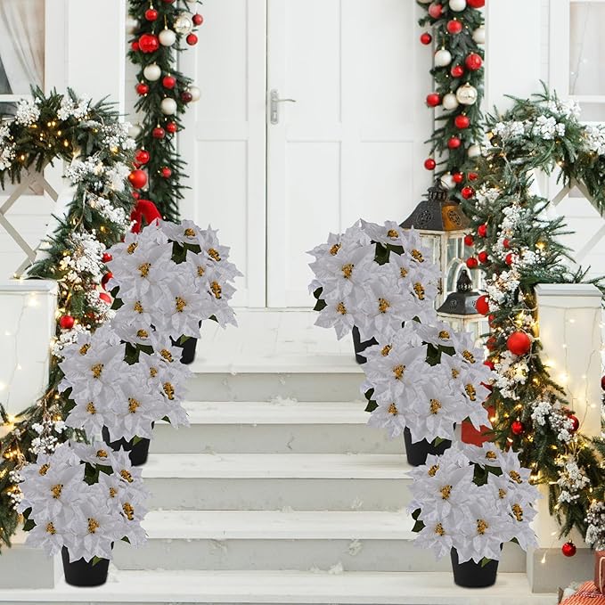 17" Poinsettias Artificial Christmas Flowers 11 Heads Fake Poinsettia Plants for Home Porch Garden Office Indoor Outdoor Christmas Winter Decorations White