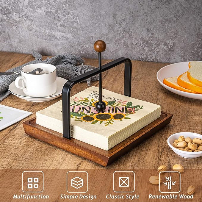 ALLCENER Wooden Napkin Holder for Table, Rustic Kitchen Decor for Counter, Cocktail Flat Napkin Holder with Weighted Arm and Handle for Kitchen, Hotel, Cafe, Bar