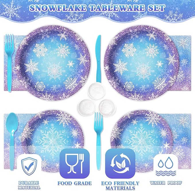 Frozen Birthday Party Decorations - Serve 24, Snowflake Party Supplies, Winter Wonderland Disposable Tableware Include Plates, Napkins, Cups, Forks, Knives, Spoons for Christmas