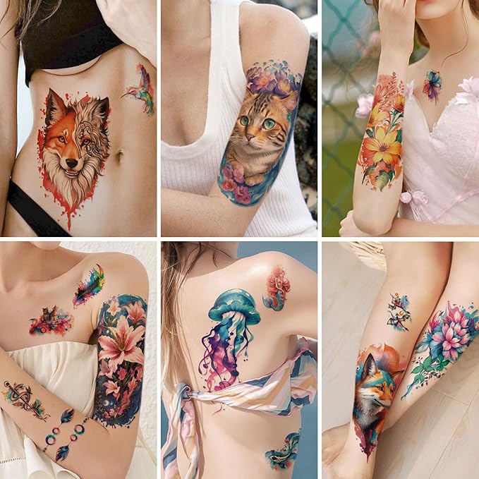 77 Sheets Flower Lion Tiger Temporary Tattoo for Women Men, 17 Sheets Half Arm Large Cat Owl Parrot Fake Tattoos, 60 Sheets Snake Wolf Feather Tiny for Adult Kids Body Tattoos Stickers Realistic