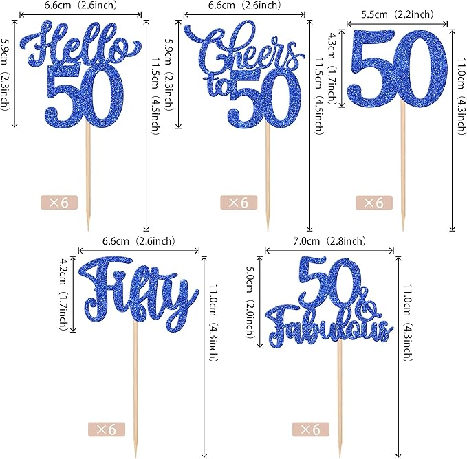30PCS Happy 50th Birthday Cupcake Toppers Glitter Hello 50 Fabulous Fifty Cheers to 50 Years Old Birthday Cupcake Picks for Happy 50th Birthday Anniversary Party Cake Decorations Supplies Blue