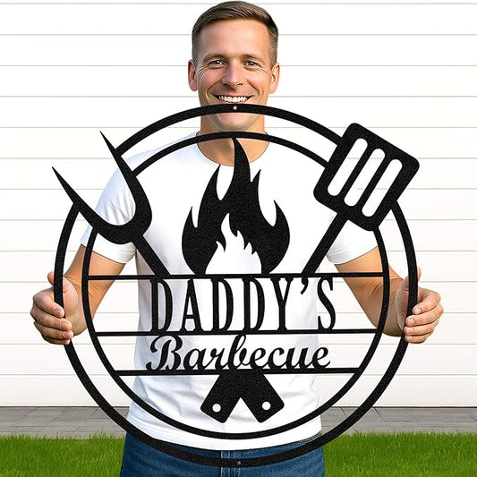 Custom BBQ Grill Metal Sign Personalized Name Wall Art for Outdoor Barbecue Patio Kitchen Backyard Decor Gift for Dad Husband Men Papa Grandpa Father Grilling Enthusiasts Family Lover Funny Gifts 71