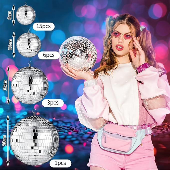 Sumind 25 Pcs Disco Balls Decoration Mirror Disco Balls Silver Hanging Decorations Reflective Dance and Music Festivals for DIY Halloween Christmas Stage Hall Prop (3.2'' 4'' 6'' 8'')