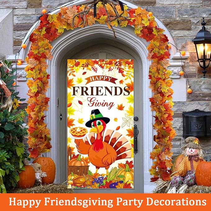 Happy Friendsgiving Decorations Door Cover Banner Large Size for Thanksgiving Friends Giving Themed Party Decorations Indoor Outdoor Supplies 71x35inch