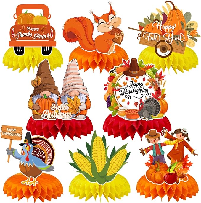 JULMELON 8Pcs Fall Party Decorations, Thanksgiving Table Decorations Honeycomb Centerpieces 3D Double Side Fall Festival Decor Turkey Pumpkin Table Toppers for Friendsgiving Family Party Favors