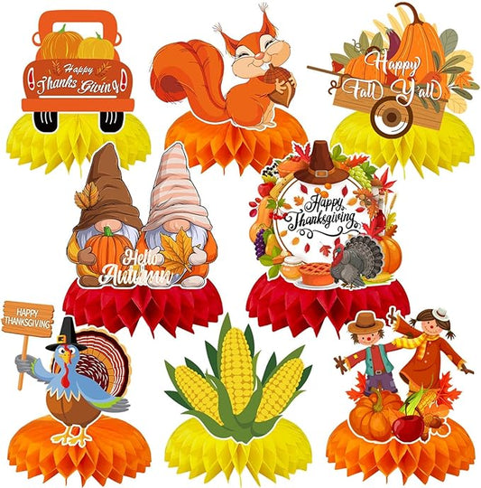 JULMELON 8Pcs Fall Party Decorations, Thanksgiving Table Decorations Honeycomb Centerpieces 3D Double Side Fall Festival Decor Turkey Pumpkin Table Toppers for Friendsgiving Family Party Favors