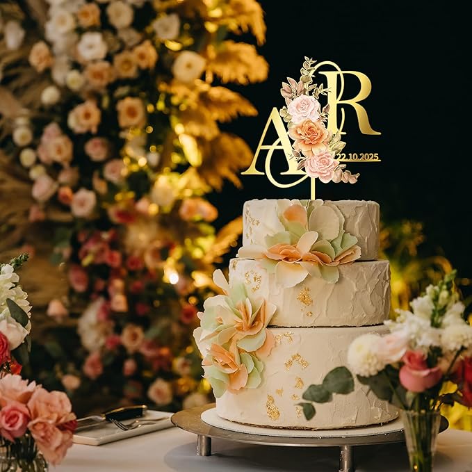Personalized Fall Wedding Cake Topper in Acrylic Custom Bride and Groom Initial Cake Topper Wedding Date Cake Decoration (Fall Flowers)