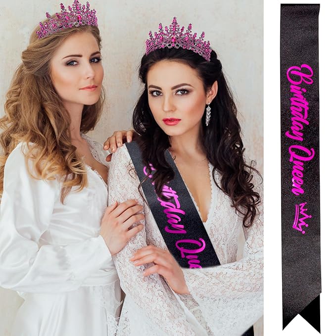 VELSCRUN Rose Pink Crystal Birthday Queen Tiara Crown for Women Girls Birthday Queen Headband Sash Elegant Princess Crown with Combs Mom Birth Hair Accessories Happy Birth Party Decorations