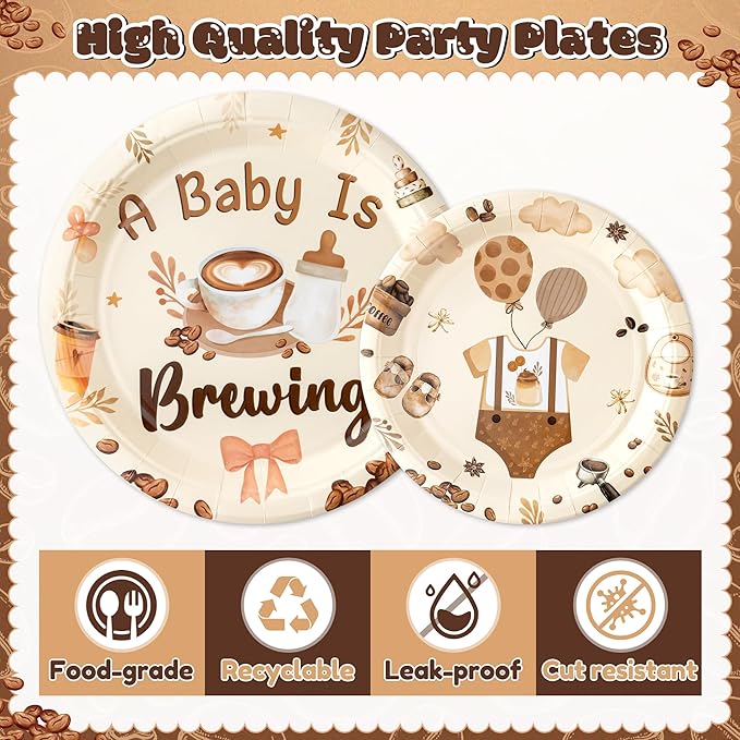 A Baby is Brewing Party Decoration - Serves 24-105Pcs Coffee Baby Shower Tableware Set Latte Honeycomb Centerpieces Disposable Plate Napkin Tablecloth Banner Gender Reveal Photo Prop