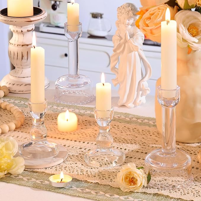 Circle Candlestick Holders Bulk, 6 Pcs Clear Combination Candle Holders Set, Crystal Candle Holders for Wedding, Table Centerpiece, Home Decoration