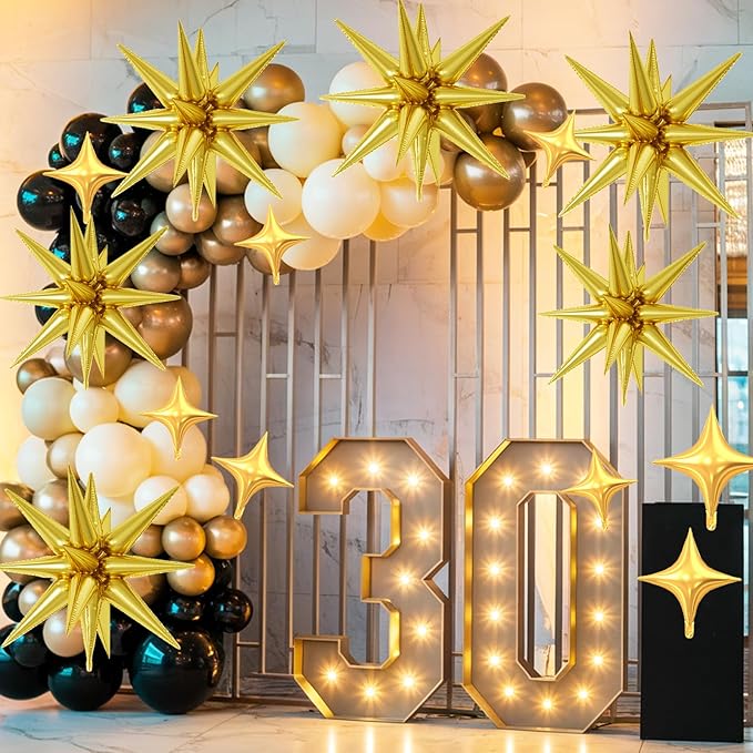 18 Pcs Gold Star Balloons, Gold Balloon with 6 Pcs 22-Inch Explosion Star Balloons 12Pcs 10-Inch Four Pointed Stars Foil Balloon for Anniversary Disco Birthday Party Decorations