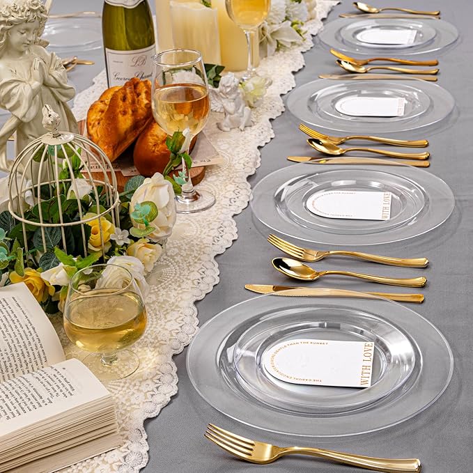 FLOWERCAT 60PCS Clear Plastic Plates - Disposable Clear Plates Heavy Duty for Christmas Party/Wedding/New Year - Include 30PCS 10.25inch Dinner Plates and 30PCS 7.5inch Dessert/Salad Plates