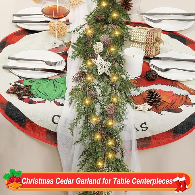 Artgar Pine Garland Realistic, 6 FT Cedar Garlands, Christmas Garland with 30 Warm Lights with 8 Light Modes, Garland Christmas Decorations for Mantels Stair Table Decor (Green)