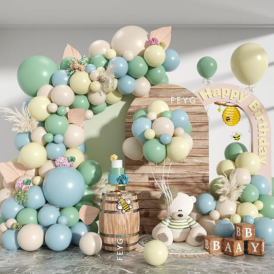 Blue and Yellow Balloon Garland, Pastel Yellow Dusty Blue White Sand Balloon Arch White Avocado Green Balloon for Kids Theme Baby Shower Birthday Bridal Wedding Party Decorations