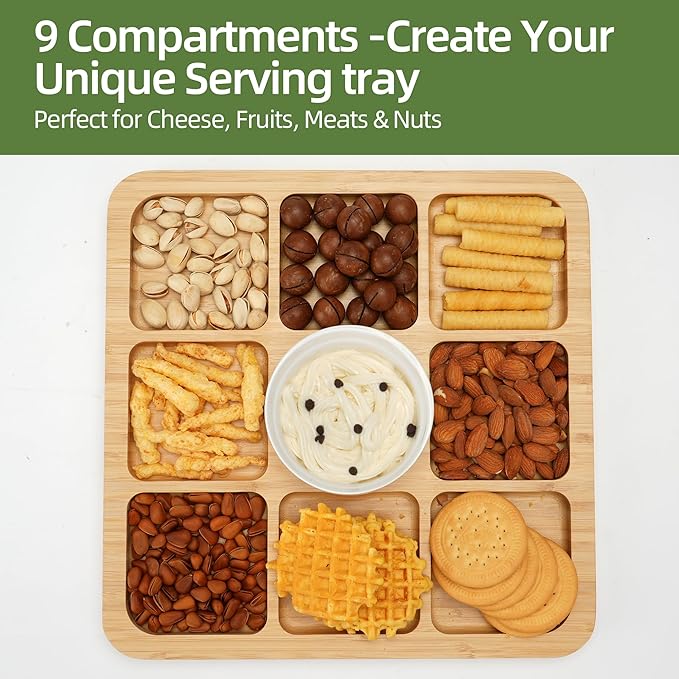 YANG Charcuterie Board with Lid, Divided Bamboo Serving Tray with Leak-Proof Locking Lid, Serving Platter for Party Appetizer Cheese Snack Gift Ready (9 Compartments,Square)