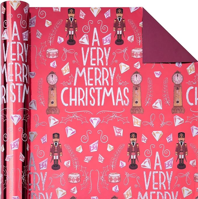 WRAPAHOLIC 30 Inch Jumbo Reversible Nutcracker Christmas Wrapping Paper - 30 Inch x 100 Feet Jumbo Roll Merry Christmas Nutcracker Wrapping Paper with Metallic Foil Shine for Xmas Holiday, Party