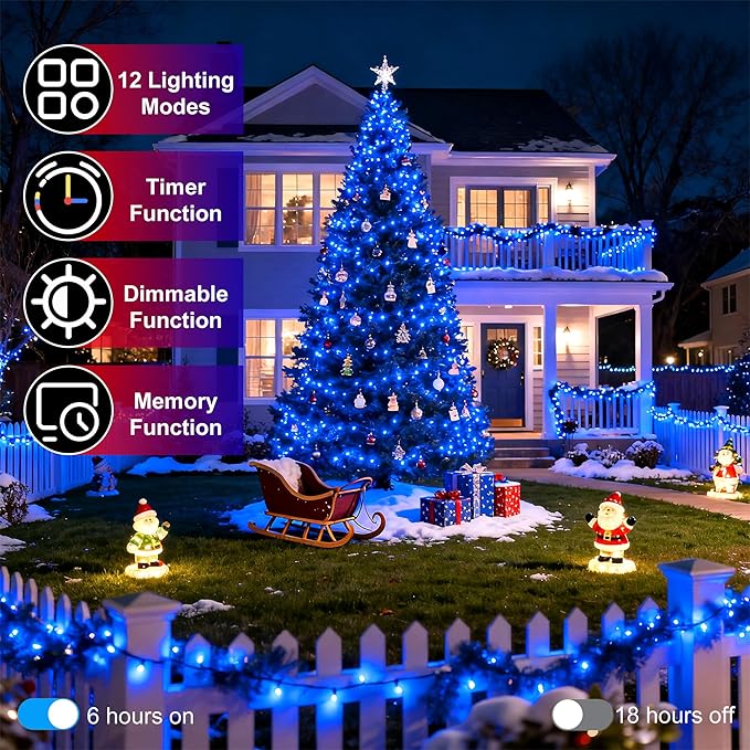 750 LED 240FT Christmas String Lights Outdoor, 12 Pro Modes and Timer Memory & Brightness, Plug in Waterproof Dark Green Wire Twinkle Light for for Xmas Yard Tree Wedding Party Decor (Blue)