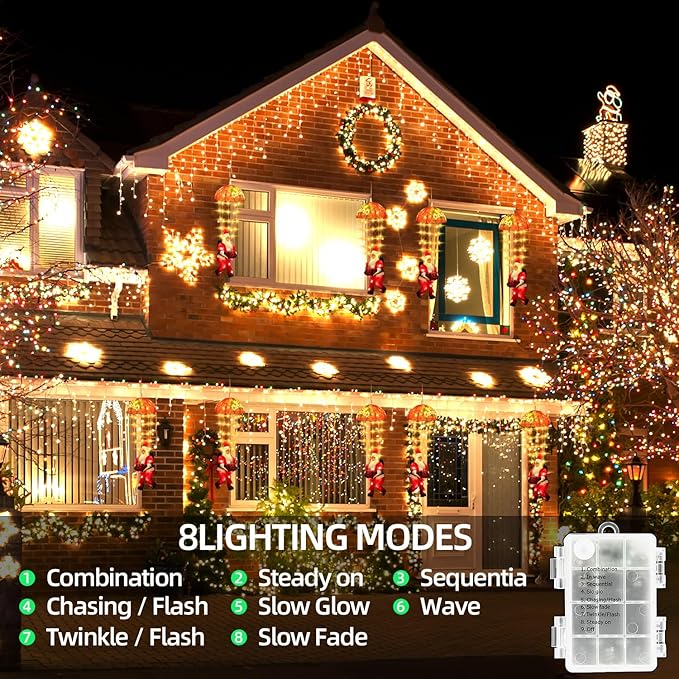 Xmas Santa Claus Parachute Lights - 105 LED 8 Modes 3AA Battery Operated, Warm White Hanging Christmas Decorative Lights for Indoor Outdoor Porch Garden Party Yard