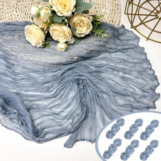Booque Valley 6 Pack Dusty Blue Cheesecloth Table Runner 10ft Super Soft Boho Wrinkled Gauze Sheer Cloth for Baby Shower Baptism Birthday Party Wedding Centerpiece Table Decoration, 35x120 Inch