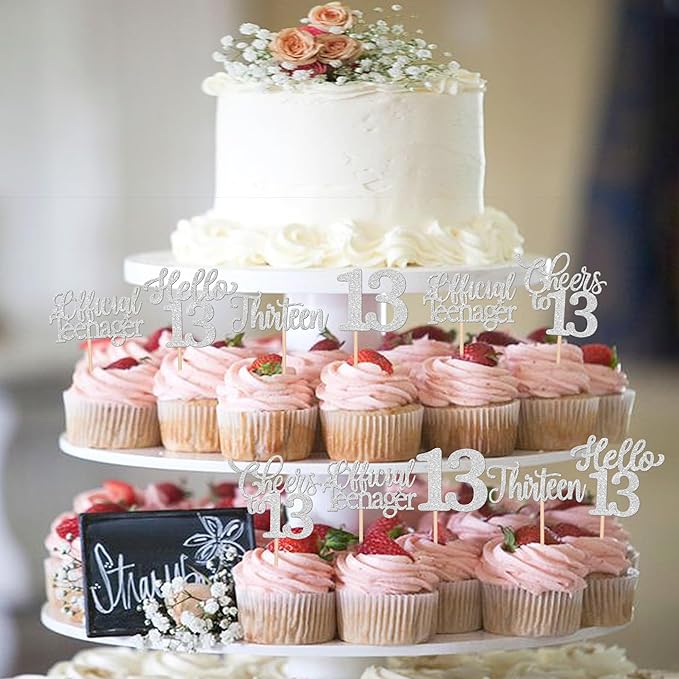 30PCS Happy 13th Birthday Cupcake Toppers Glitter Thirteen Official Teenager Hello 13 Cupcake Picks Cheers to 13 Birthday Decorations for 13th Birthday Anniversary Party Cake Decor Supplies Silver