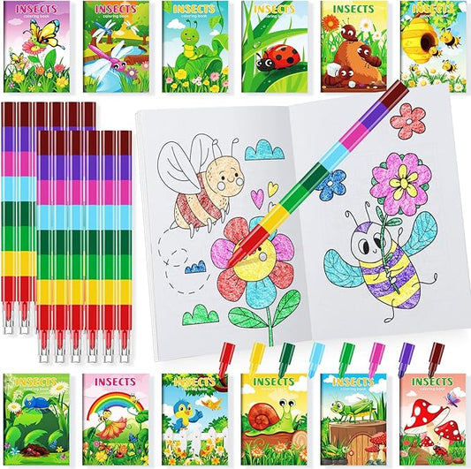 BenLouis 24 Insects Mini Coloring Books Kids with 24 Stacking Crayons Spring Bugs Party Favors Activity Books Bulk for Kids Butterfly Bee Goodie Bag Gift Stuffer Classroom Reward