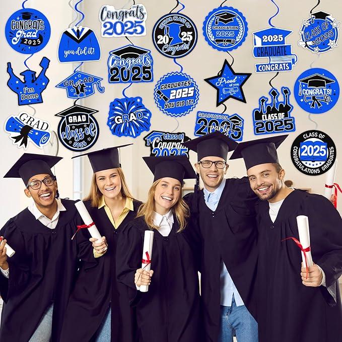 40Pcs Graduation Decorations Hanging Swirls, Blue Black Class of 2025 Graduation Party Hanging Swirls for 2025 Congrats Grad Party Decor