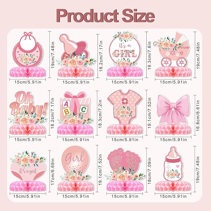 12 Pcs Baby Shower Decorations for Girl Glitter Pink Honeycomb Centerpieces for Baby Shower Table Decorations It's a Girl Centerpiece Decor Party Supplies