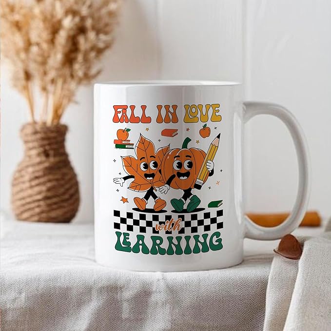 Fall In Love With Learning Thanksgiving White Mugs, 11oz 15oz Drinking Cups, Autumn Seasonal Gifts