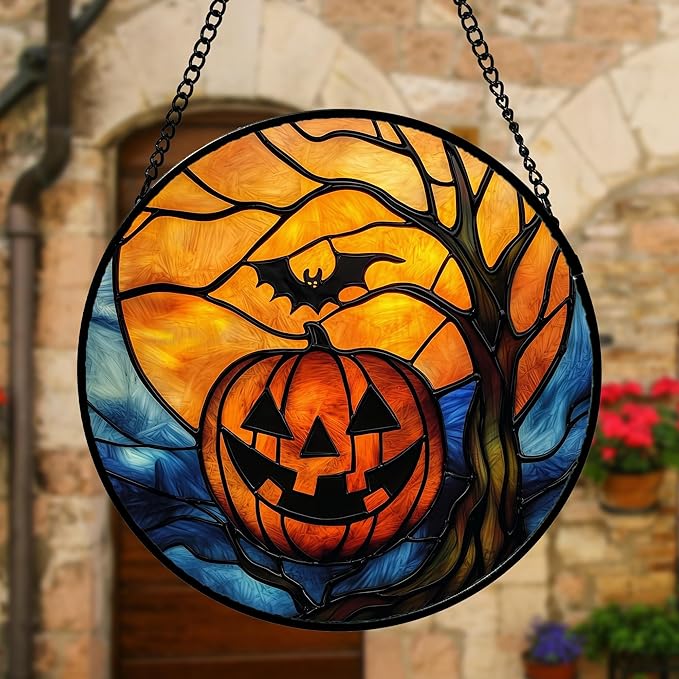 Stained Glass Window Hanging, Pumpkin Bat Moon Tree Suncatcher for Doors Home Sun Catchers Decoration and Christmas, Mother's Day Birthday Gifts for Women, Men, and Mom 9.8 in
