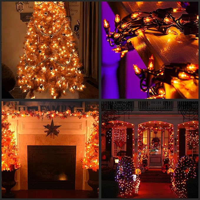 YULETIME Orange Christmas Lights with Brown Wire, 66 Feet 200 Count UL Certified String Lights, Pack of 2 Sets 33 Ft 100 Count Amber Incandescent Mini Light Set (Orange)