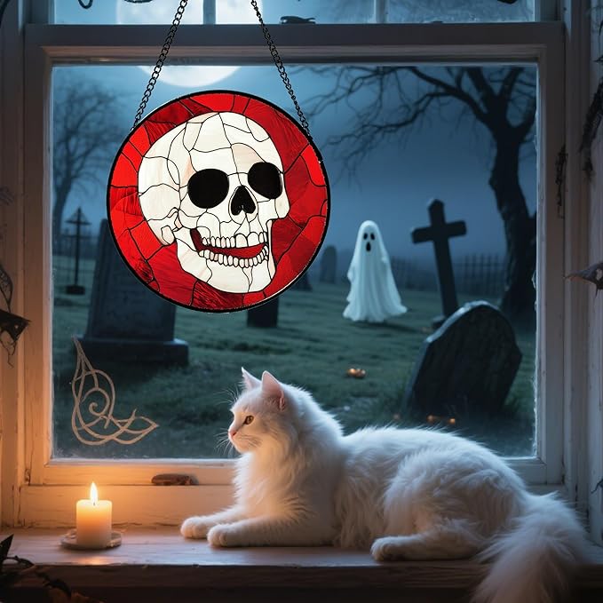 Stained Glass Window Hanging - Halloween Decoration White Skeleton Skull Suncatcher for Door Garden Spooky Red Sun Catchers Gothic Decor Horror Gifts for Women Men Friend Boy Girl 15 in