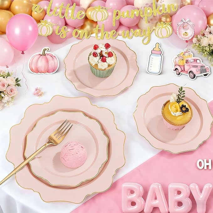 WDF 175Pcs Pink Plastic Plates - Pink and Gold Plates Disposable 25guest Plastic Dinnerware Ideal for Tea Party/Bridal Shower/Wedding/Baby Shower/Fall Pumpkin Baby Shower
