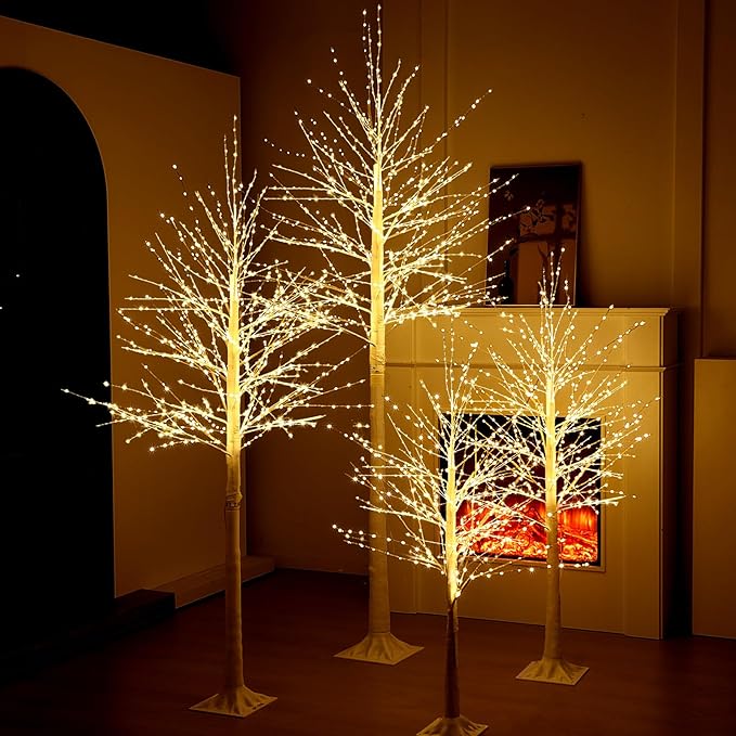 Baquler 4 Pack Lighted Birch Tree - Large Christmas Warm-White LED 8 Mode Light Birch Tree Decoration Set for Thanksgiving Holiday Fall Winter Party Decor, Indoor & Outdoor (4 5 6 8 ft)