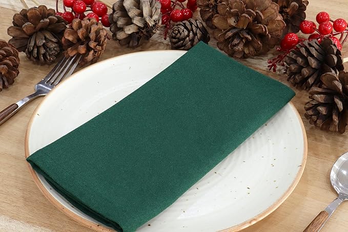 PurpleEssences Set of 12 Cloth Dinner Napkins 100% Cotton 18x18 Inch - Soft Durable Washable - Ideal for Farmhouse Party Christmas Holiday Winter - Perfect Everyday Use Table Linen - Forest Green