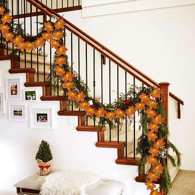 Fall Decor Maple Leaf String Lights,13.5ft 35 LED Thanksgiving Decorations Halloween String Lights,Autumn Orange Maple Leaf Garland with Light for Home Holiday Autumn Harvest Halloween Decor