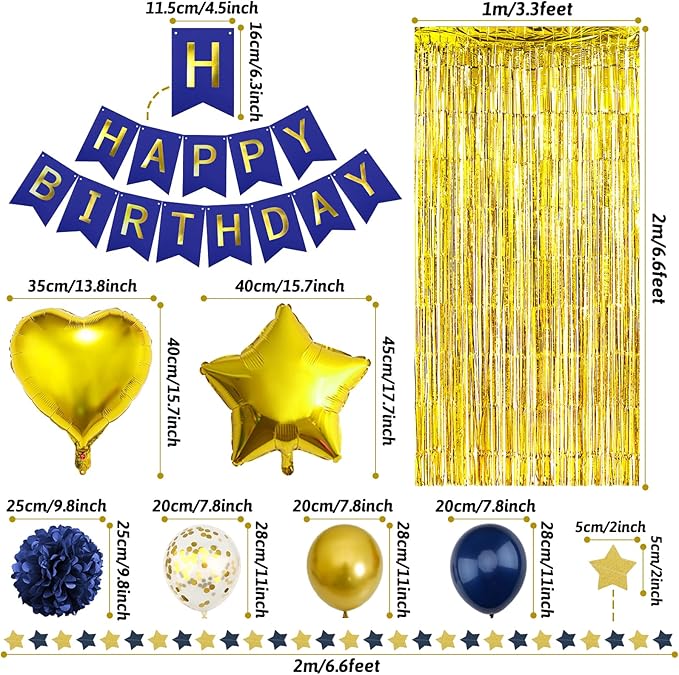 ZERODECO Birthday Party Decorations for Men, Navy Blue Gold Happy Birthday Banner Pompoms Balloon Arch Fringe Curtain Party Décor for Men Boys Women Girls Party Decorations Kit