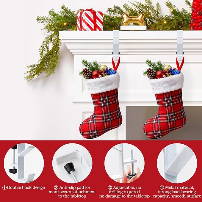 4 Pack Stocking Holders for Mantle for Christmas Decorations,2 in 1 Mantle Garland Holder for Hanging Christmas Stockings,No Drilling Required & Adjustable Garland Hanger, Metal(White)