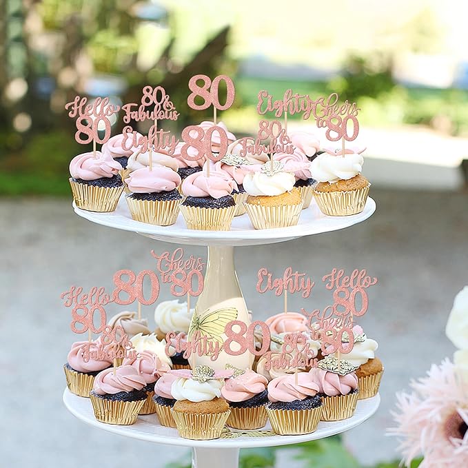 30PCS Happy 80th Birthday Cupcake Toppers Glitter Eighty Cheers to 80 Years Old Birthday Cupcake Picks Hello 80 Fabulous Cake Decorations for Happy 80th Birthday Anniversary Party Supplies Rose Gold