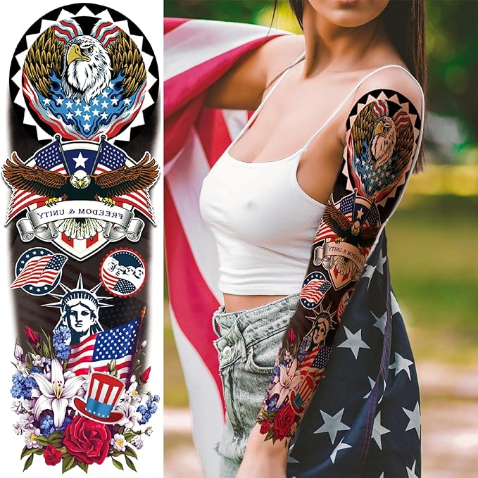 Fourth of July Temporary Tattoo Sleeves for Men Women, 4-Sheet Large Full Arm USA Patriotic 4th of July Fake Tattoo Sleeve Adult and 4-Sheet American Flag Half Temp Tatoo Independence Day
